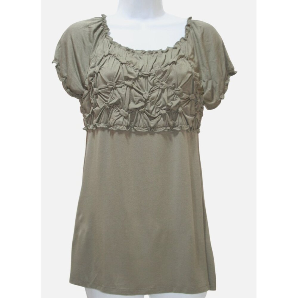 Crosby Smocked Peasant Top Womens M Green Ruched Cap Sleeve Boho‎ Chic Romantic